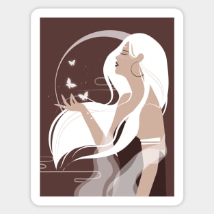 Celestial art, Moon art, Celestial butterfly print, Halloween, Witch art, Woman with long white hair, Aesthetic art Sticker